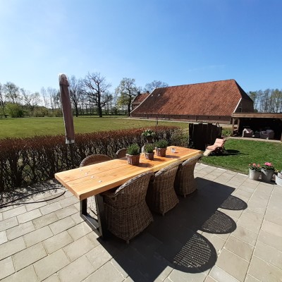 Prachtige stoelen bij een stoere tafel in landelijke omgeving.