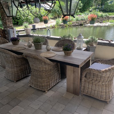Onze prachtige set diningroom stoelen op ons terras en zwemvijver